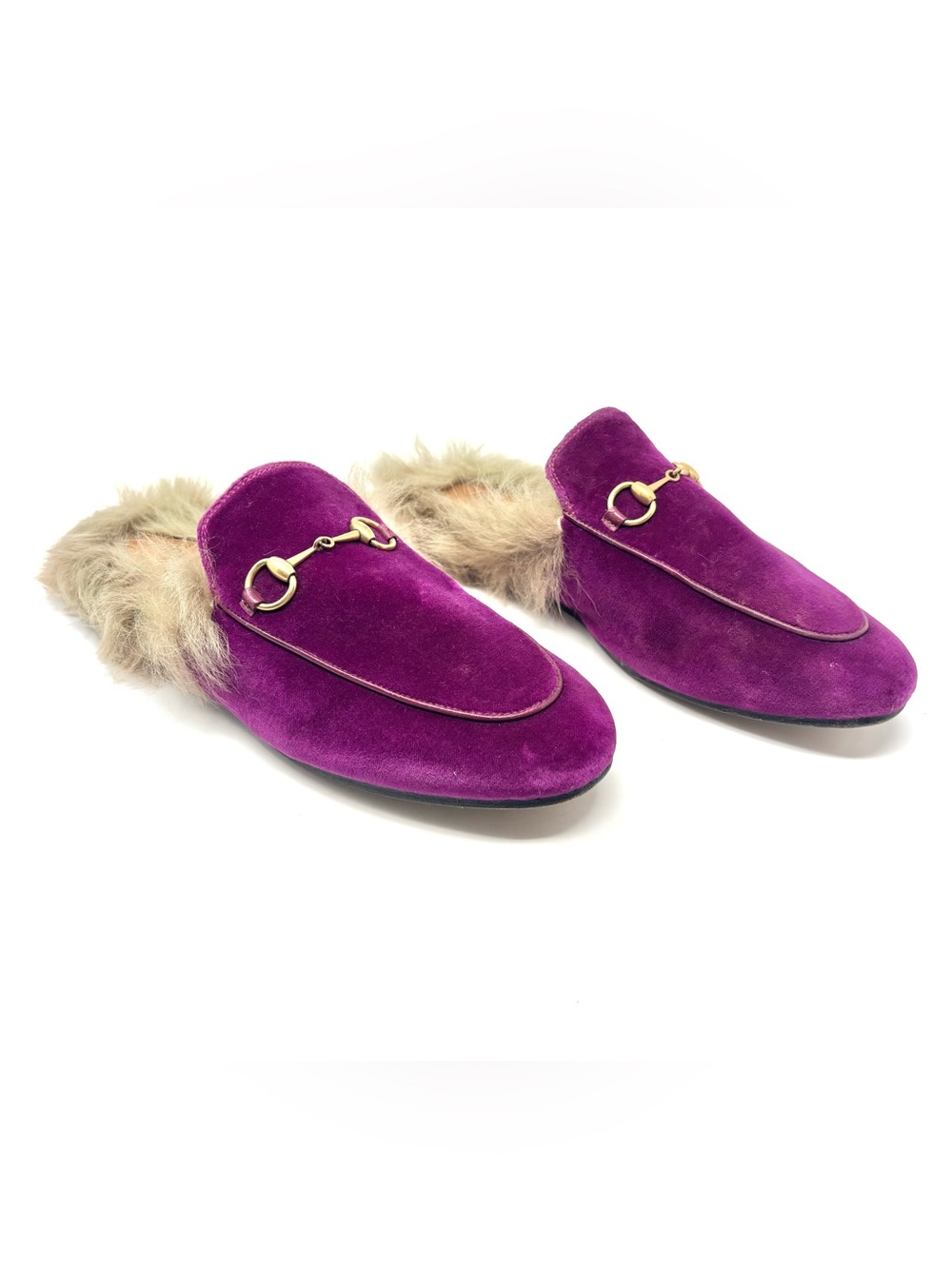 Gucci Princetown Fur-Trim Horsebit Mules Purple Velvet Slip On Flats 39